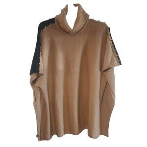 Chicos L/XL Mixed Knit Turtleneck Poncho Sweater Beige & Black Cozycore Comfort